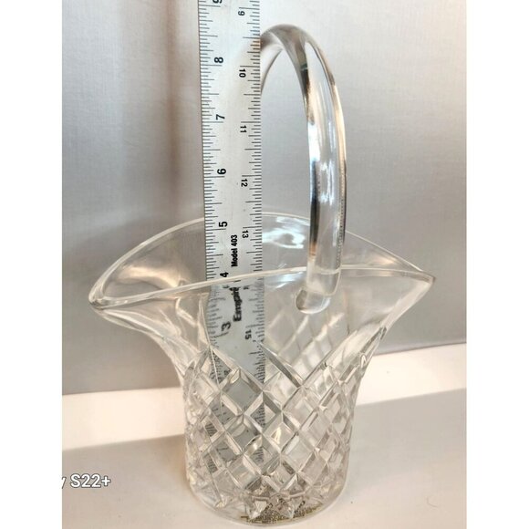 Pressed Cut Crystal Glass Basket Vase Handled Diamond Pattern Decorative Display - Picture 7 of 9